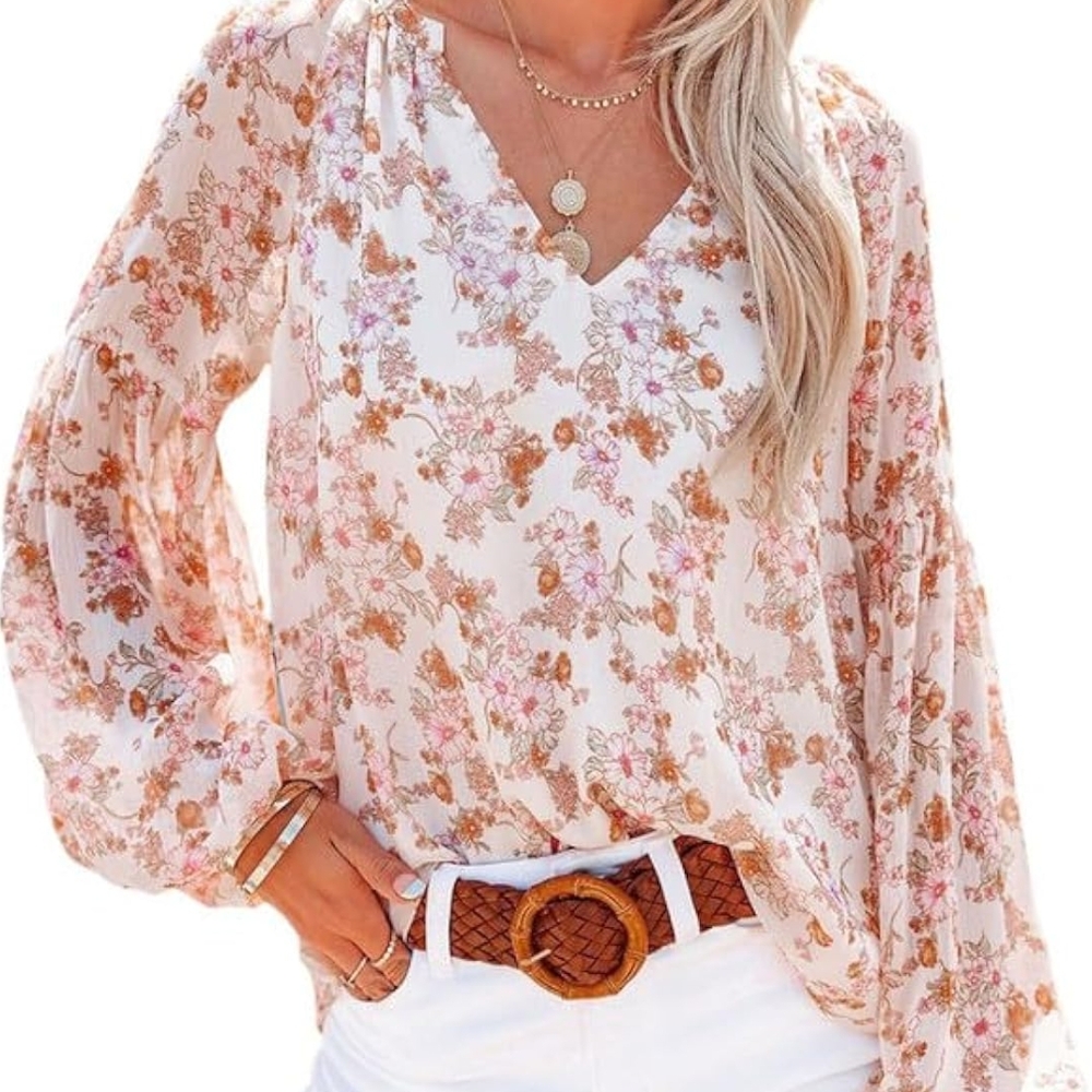 Floral V-Neck Blouse - Cream and Pink Size XL